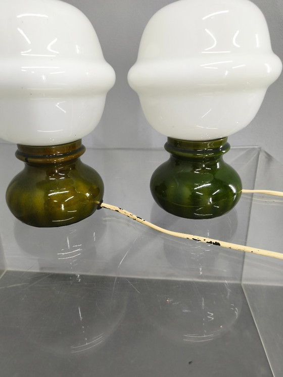 Image 1 of Pair Czech 1970s Milk Glass and Green Ceramic Table Lamps