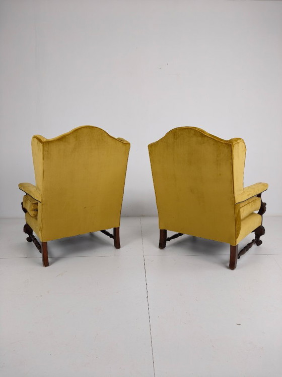 Pair of 19th-Century Carved Walnut Armchairs – Floral Motifs – Velvet Upholstery – Other (photo 4 of 8)