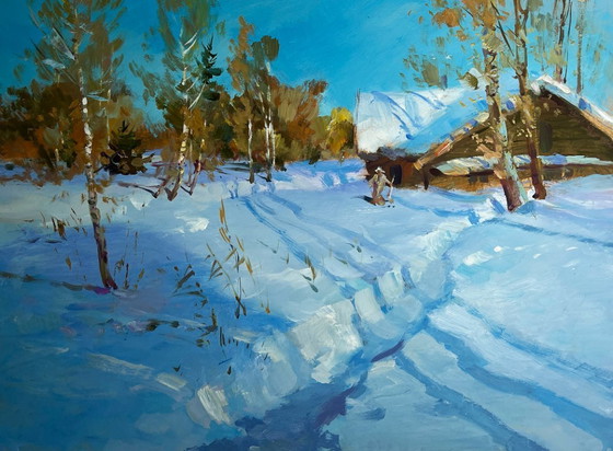 Image 1 of Original Oil Painting Winter Village Landscape After the night snowfall