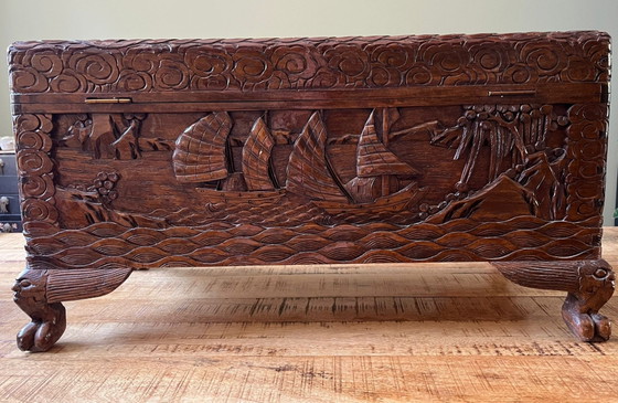 Image 1 of Antique Chinese camphor chest with rich wood carving