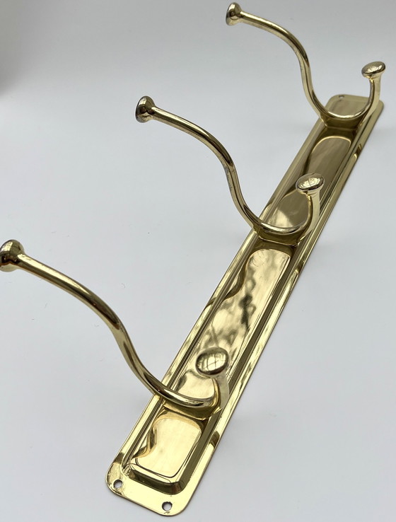 Image 1 of Perchero de pared de latón pulido con tres ganchos dobles, década de 1970-1980