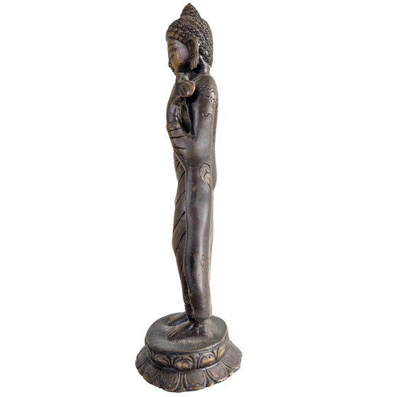 Le Maître de la Compassion – Grande Statue en Bronze du Bouddha Debout – Népal – 27,5 cm – Sculptures (photo 7 of 10)