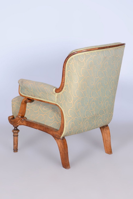 Fauteuil Biedermeier restauré, noyer, épicéa, hêtre, République tchèque, années 1830 – Textile, Wood (photo 12 of 13)