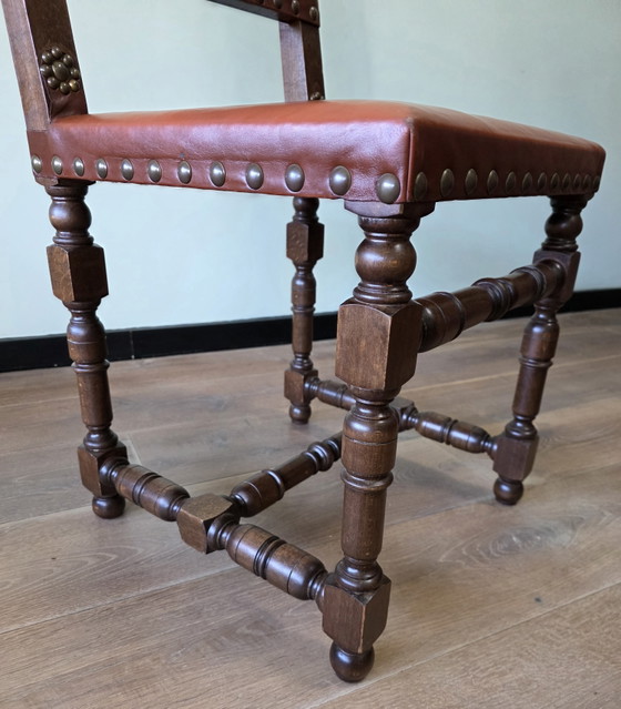 Image 1 of Set 4 vintage leren eetkamerstoelen eiken