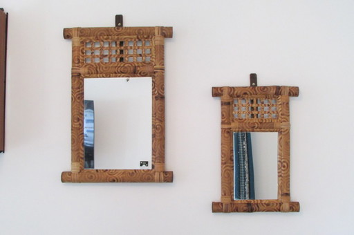 Pair of mirrors, bamboo and woven wicker