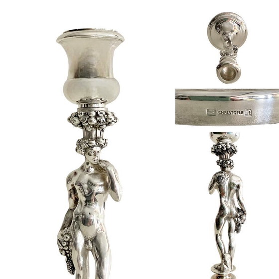 Image 1 of Pair of Christofle Figural Candle Holder - Vintage French Male Nude Silver Plated Candlesticks