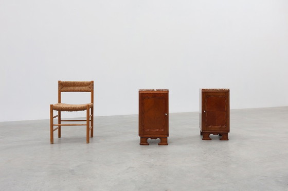 Image 1 of Paar Art Deco nachtkastjes van eikenhout met marmeren blad, Frankrijk ca. 1925