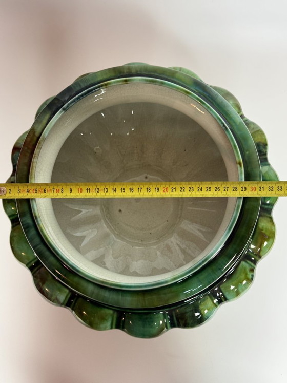 Image 1 of Beautiful Big Art Nouveau Majolica Jardiniere in High Gloss Green Tones