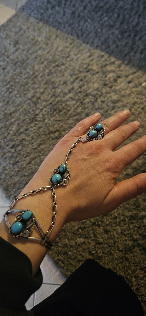 Image 1 of Bracciale da schiavo Navajo, argento 925 con turchese, gioiello vintage