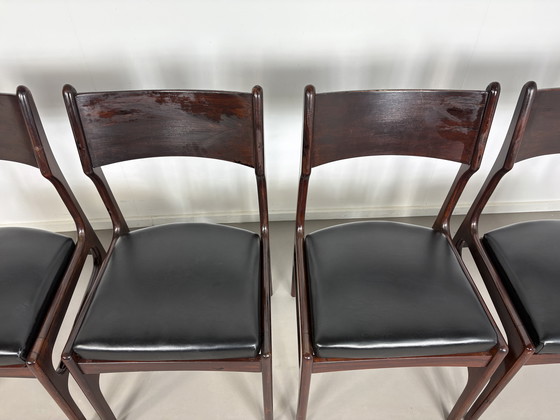 Image 1 of Set off 4 Vintage Palissander Wood With Black skai Leather dining chairs