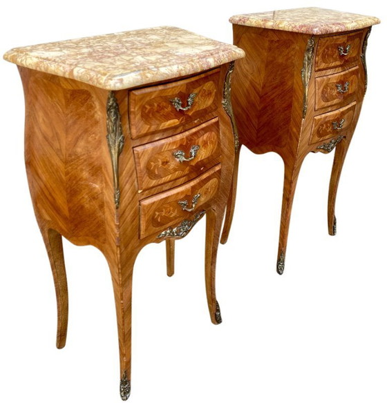 Image 1 of Pair of marquetry bedside tables - veined marble tops - Louis XV style
