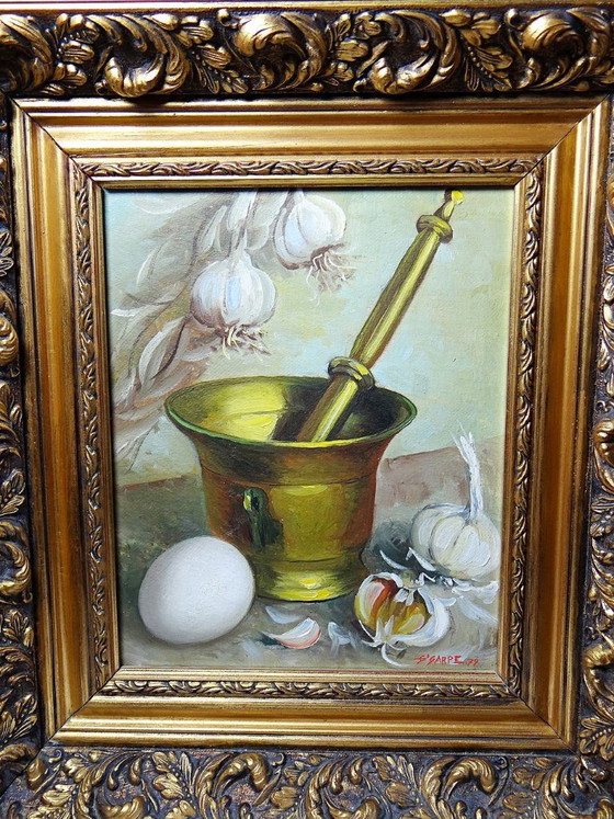Image 1 of Still life with garlic, egg and mortar, signed Sarpe, 1979, oil on canvas