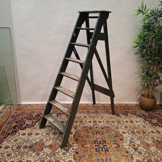 Scala da Pittore Vintage in Legno con Strato di Vernice Verde Scuro Consumato – Decorazione, Wood (photo 2 of 7)