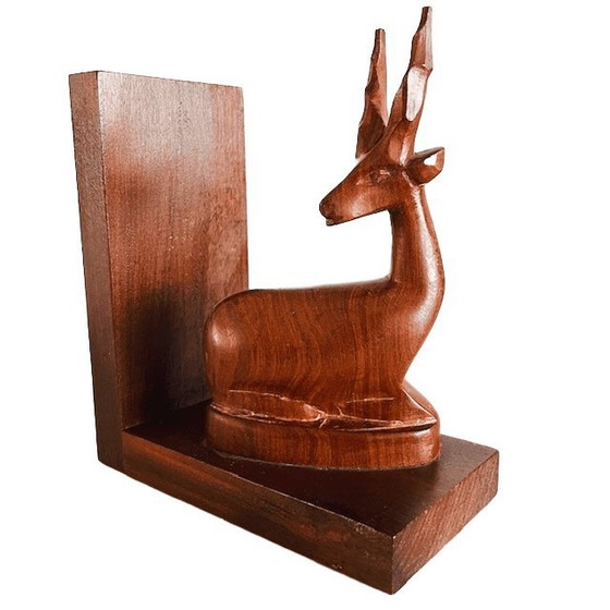 Image 1 of Vintage mid-century hand-carved wooden antelope bookend, 1970s