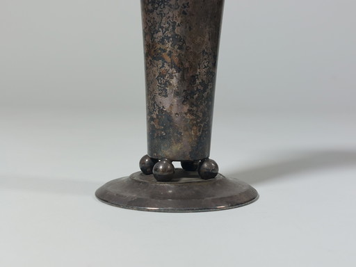Beautifully patinated silver-plated table vase with ball feet, WMF Art Deco