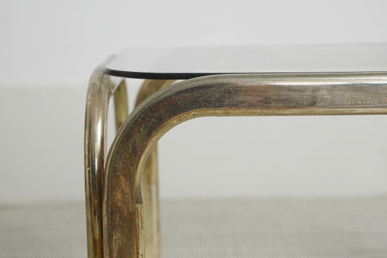 Image 1 of Messing-goudkleurige chromen glazen bijzettafel, vintage mid-century modern accenttafel, nachtkastje, jaren 70