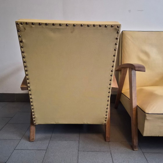 Image 1 of Pair of Vintage 1950s Armchairs with Compass Legs, Beech & Yellow Vinyl, 50s Rockabilly Style