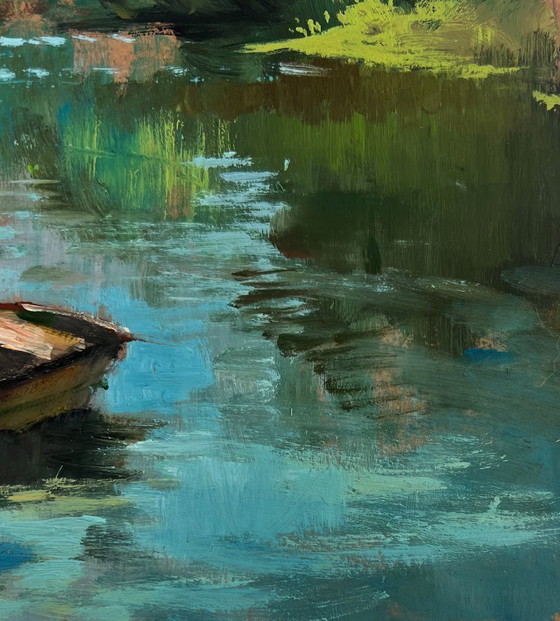 Image 1 of Original Oil Painting Summer Nature Landscape The rain is approaching the river