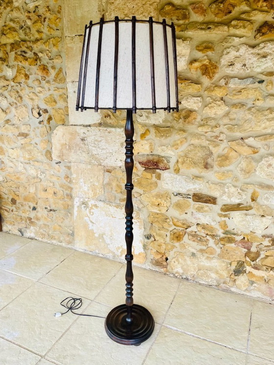 Image 1 of Mid-Century, Turned Wood, Bamboo Rattan Floor Lamp Circa 1950s