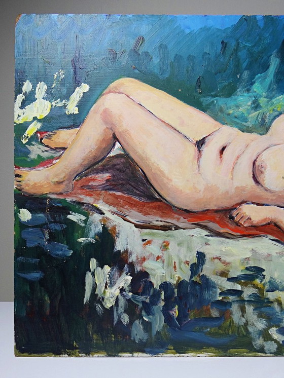 Image 1 of Small painting of a reclining nude woman, modern oil on vintage panel