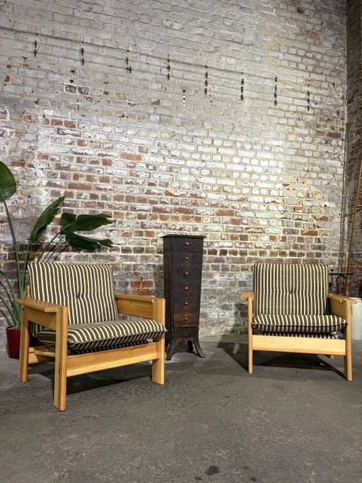 Paar skandinavische Vintage-Sessel aus Kiefernholz – fauteuils, Textile, Wood