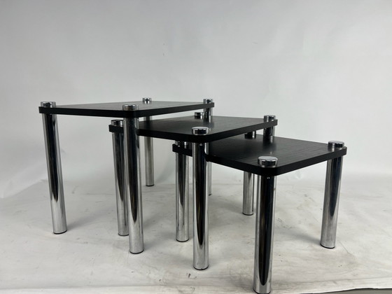 Vintage Space Ace three-piece table set 1970s – Side tables, Wood, Chrome (photo 5 of 5)