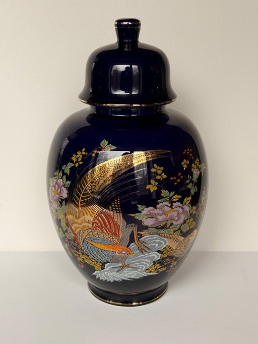 Japanische kobaltblaue Porzellanvase und Schale aus 22-karätigem Gold