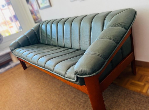 Divano vintage Hjellegjerde Møbler – pelle verde e teak – Norvegia anni '60/'70 – 3 5 zitsbanken, Wood (photo 2 of 5)