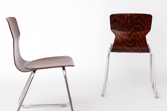 Image 1 of 2 of 8 Vintage Casala Stackable Chairs, Germany 1970s, Plywood & Chrome