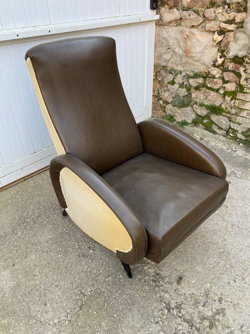 Fauteuil lounge inclinable repose pied simili cuir skai vintage 50