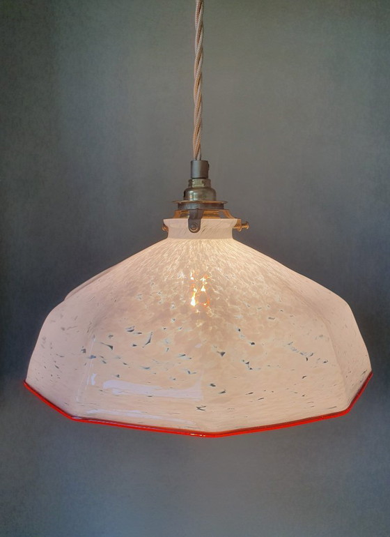 Image 1 of lampada a sospensione vintage - vetro opalino - paralume marmorizzato bianco