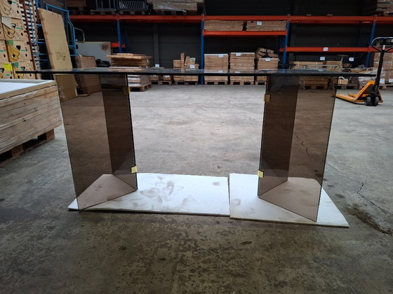 Hollywood Regency Dining Table / Desk – Smoked Glass & Brass (Pace Style) – NEW (photo 6 of 10)