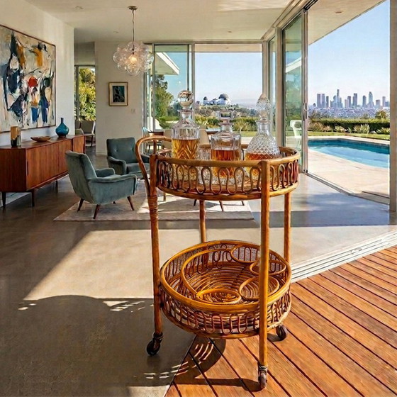 Image 1 of 1960s Gorgeous Bamboo & Rattan Serving Bar Cart Trolley by Franco Albini. Made in Italy