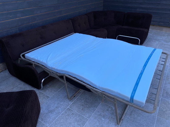 Image 1 of Divano da salotto modulare poltrona poggiapiedi stile Bauhaus in velluto a coste marrone e cromo vintage 1970