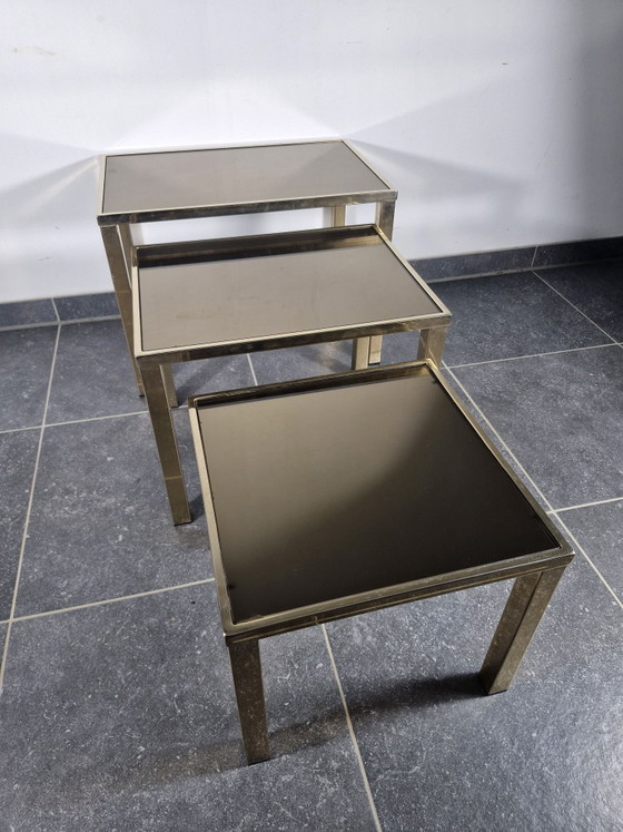 Set van 3 vintage nesttafels, Hollywood Regency-stijl, Belgochrom, Bijzettafels, Chroom, Gold (foto 10 van 12)