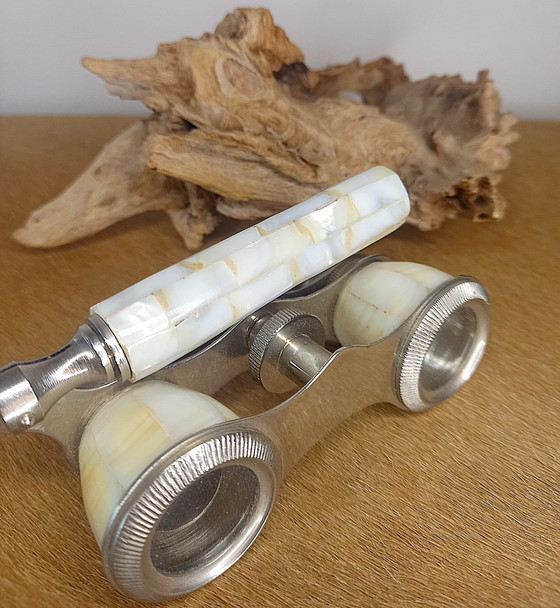 Image 1 of Vintage theatre glasses (opera glasses), made of metal and finished with mother-of-pearl (nacre) shell inlay.
