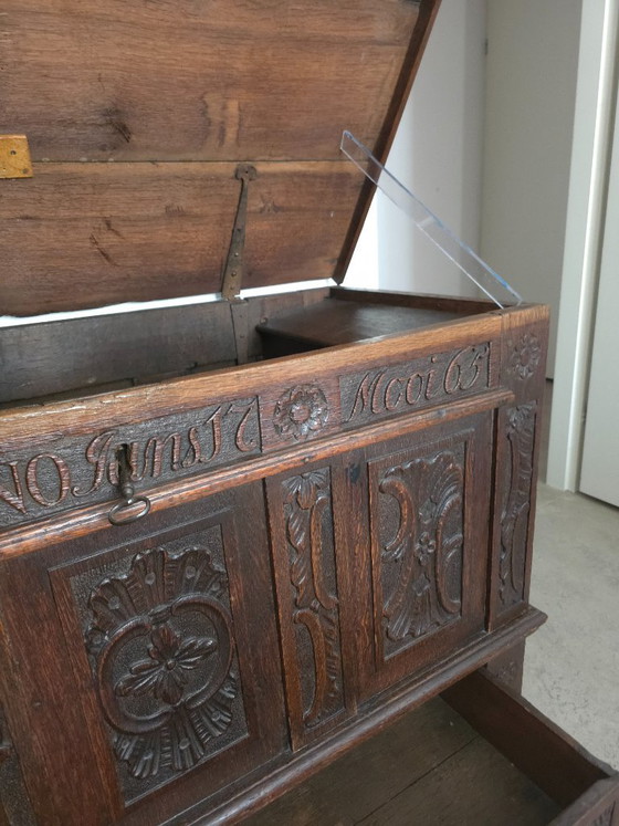 Wunderschöne antike Brauttruhe aus Eiche aus dem Jahr 1765 – Aufbewahrungsschrank, Wood (photo 6 of 17)