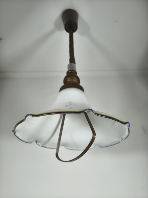 Vintage opal glass pendant lamp with wavy rim (± 1930s–1950s)