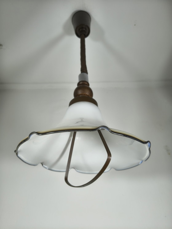 Image 1 of Vintage opal glass pendant lamp with wavy rim (± 1930s–1950s)