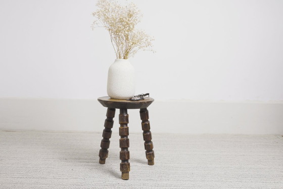 Image 1 of Vintage Bobbin Turned Wooden Stool Plant Stand Brutalist Rustic Tripod Stool Farmhouse Wabi Sabi Decor