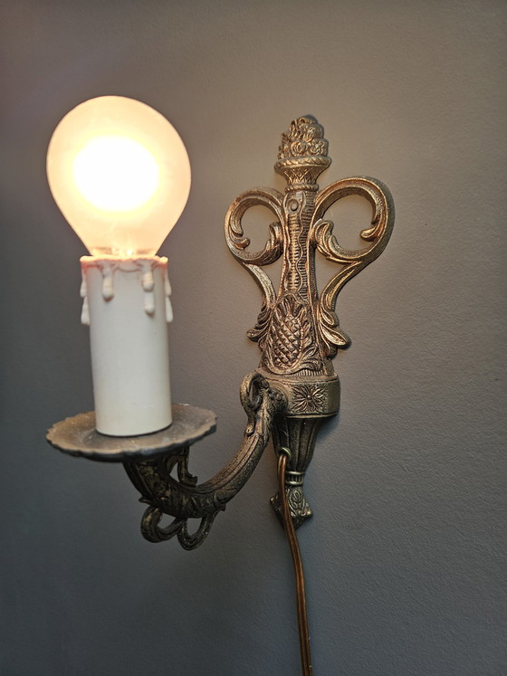 Image 1 of Lampade da parete in stile rococò francese, bronzo con paralumi in pelle
