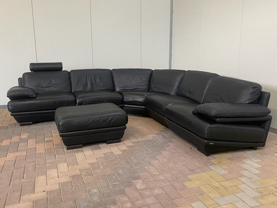 Image 1 of  Natuzzi Black Real Leather Corner Sofa + Hocker