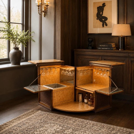 Seltener Luxus Mid-Century Cocktail Servierwagen 1950er – Exklusiver Dry Bar Schrank mit Vogelaugenahorn & Originalbeschlägen