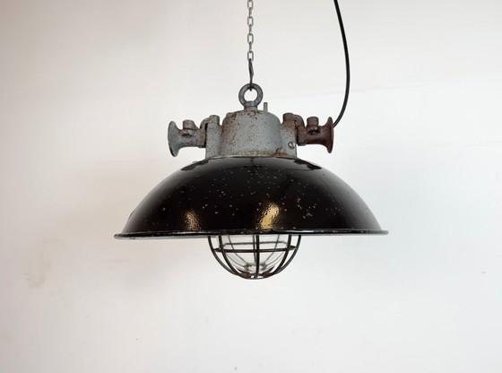 Image 1 of Black Enamel and Cast Iron Industrial Cage Pendant Light, 1960s