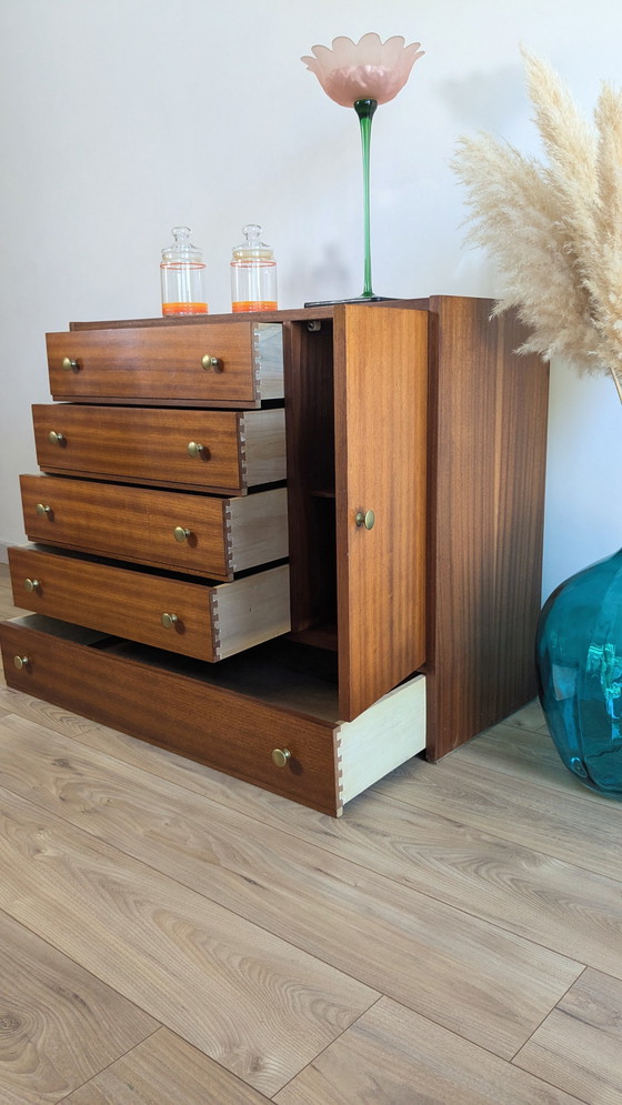 Image 1 of Vintage Scandinavian Wood and Brass Chest of Drawers