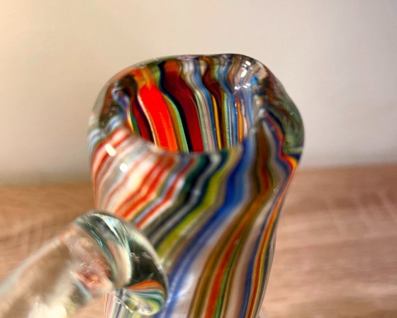 Image 1 of Karafset van Murano-glas met 6 kopjes – Kleurrijke kunstglazen kan – Vintage Italiaanse stijl