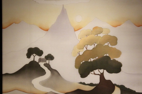 Setting Sun Aquarelle sur Soie peinte et signée à la main par Odille Penelle, Peintures et dessins, Bois (photo 2 sur 9)