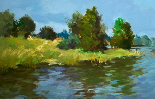 Origineel olieverfschilderij: Kustlandschap langs een rivier. Een stortbui nadert de rivier.