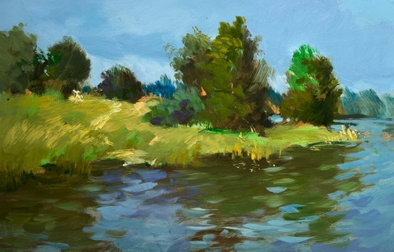 Image 1 of Dipinto ad olio originale, paesaggio costiero fluviale. Un acquazzone si avvicina lungo il fiume.