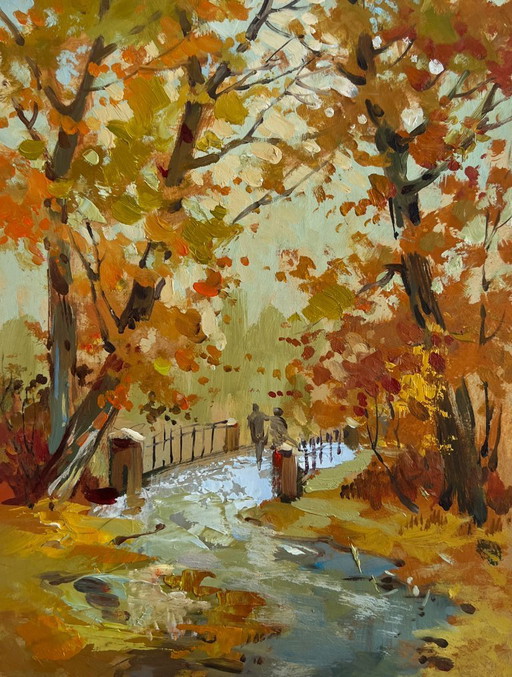 Pintura al óleo original Paisaje de bosque otoñal Hojas caídas en un parque de otoño